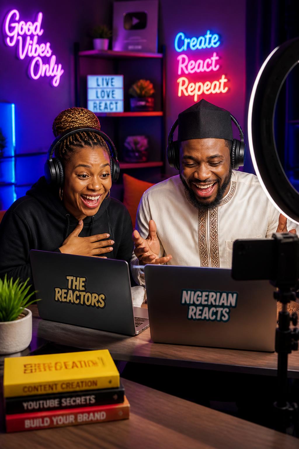 Creators recording reaction videos in a colorful home studio