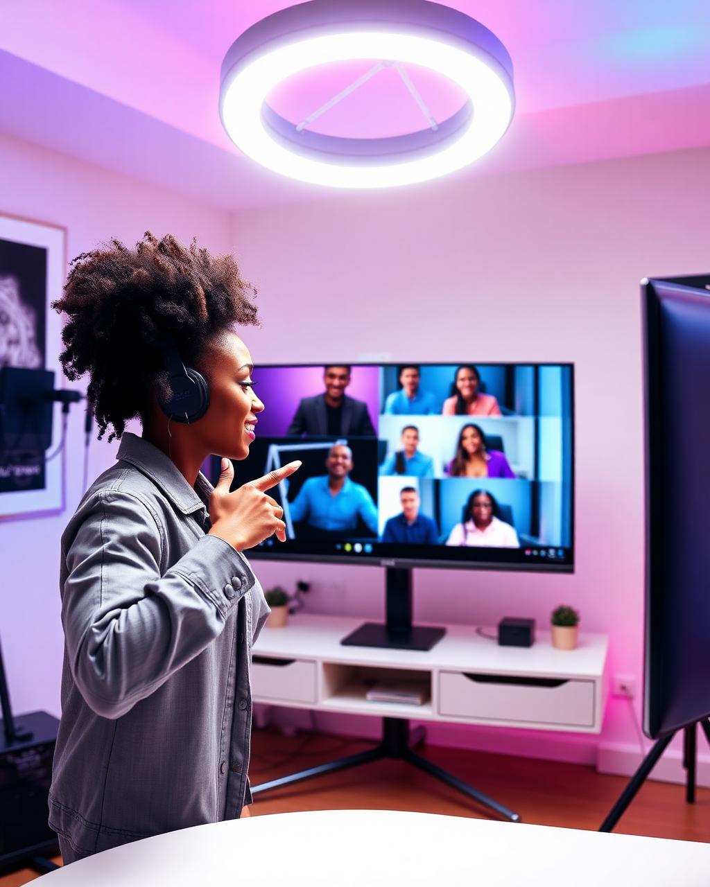 African American creator reacting to a split-screen video in a bright studio