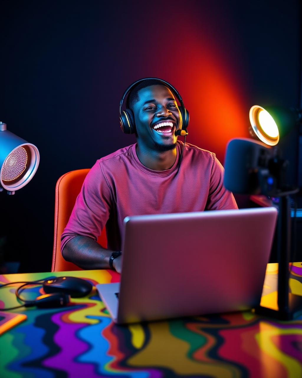 African American creator recording a reaction video in a colorful home studio